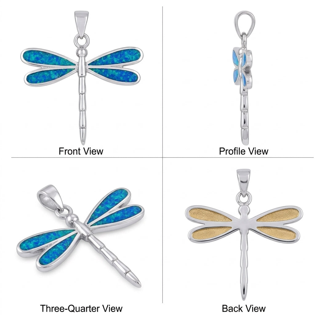 Close-up of the blue opal dragonfly design on a sterling silver pendant