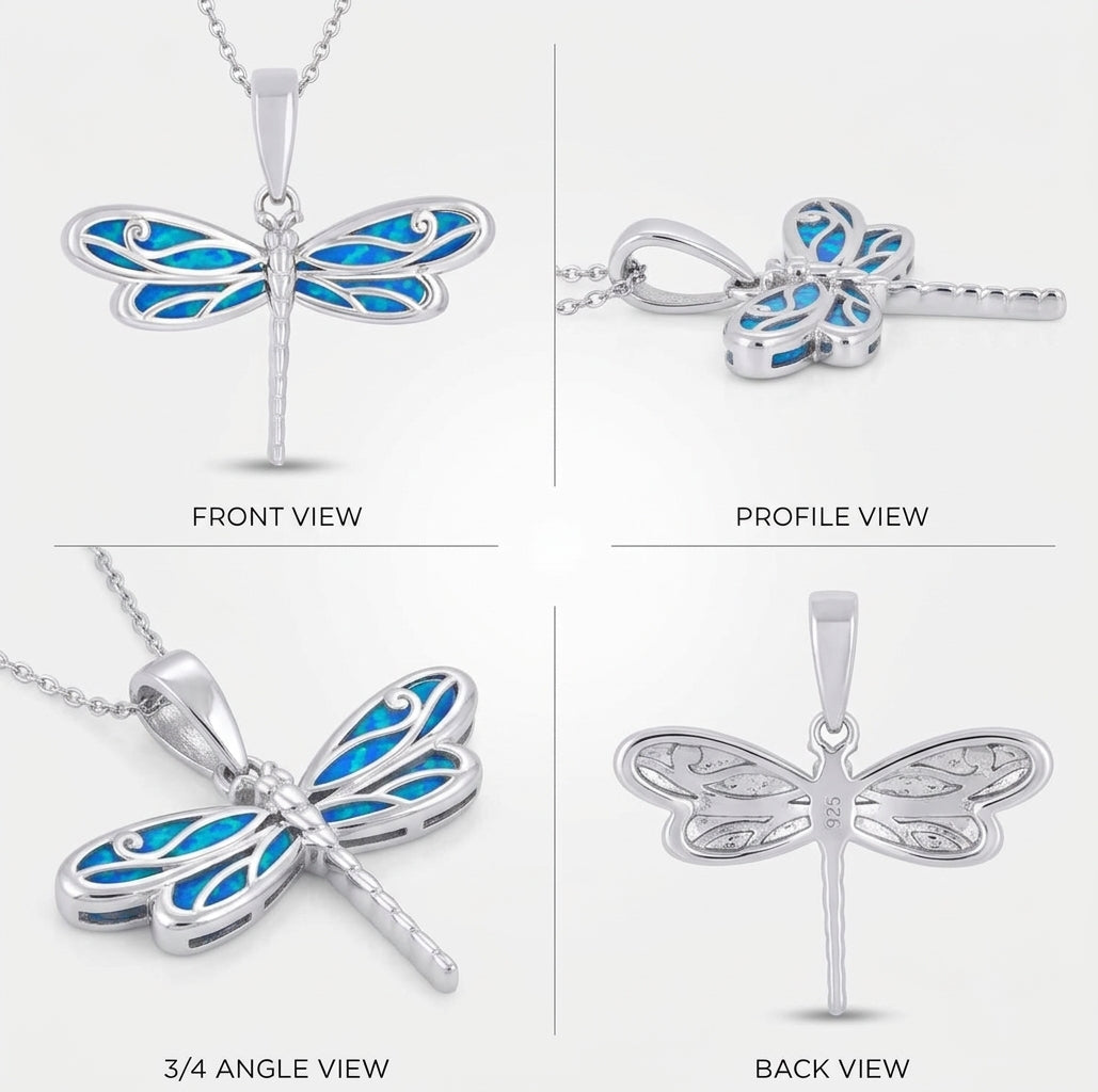 Elegant silver dragonfly pendant featuring blue opal accents