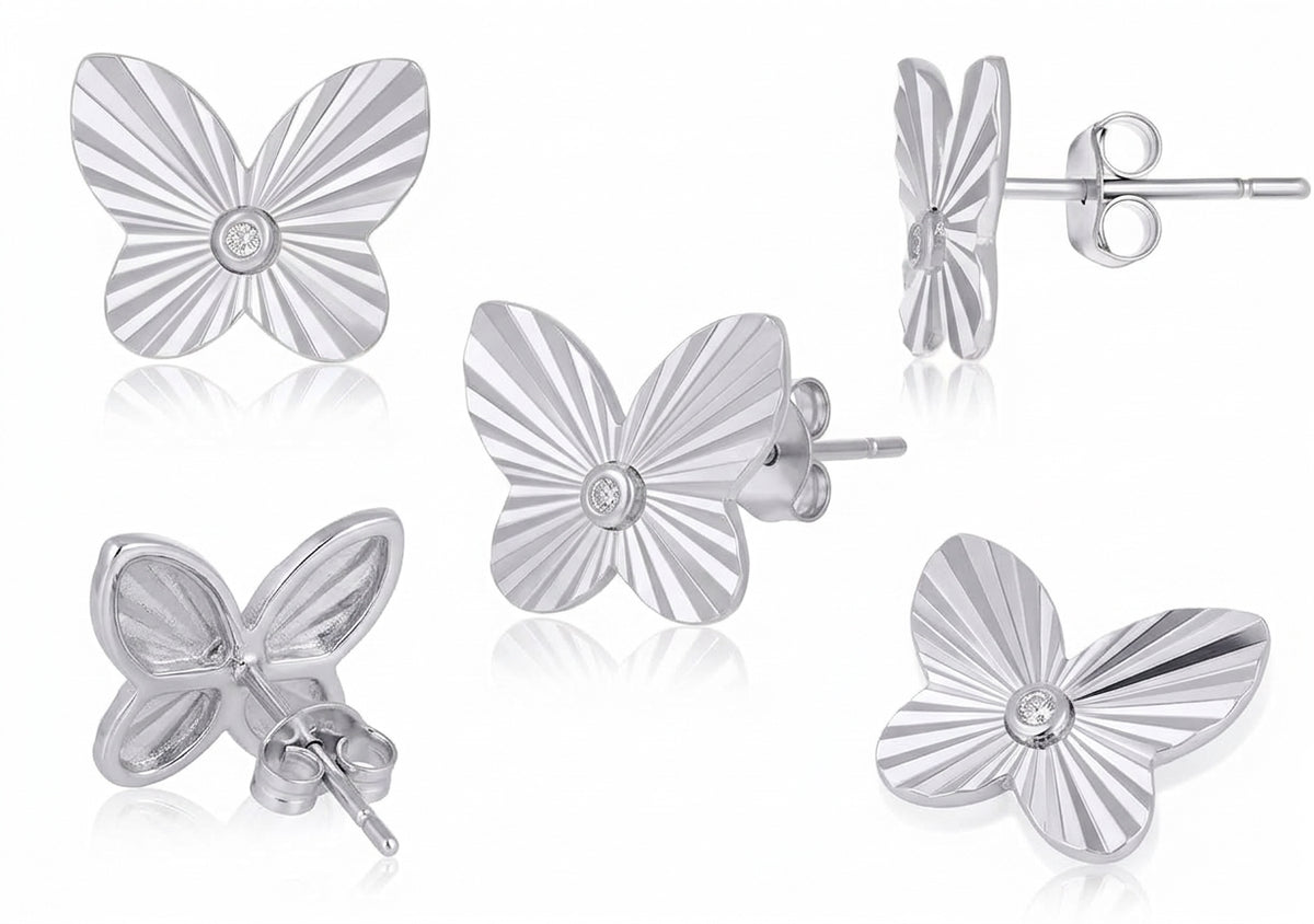Close-up of cubic zirconia stones on sterling silver butterfly earrings