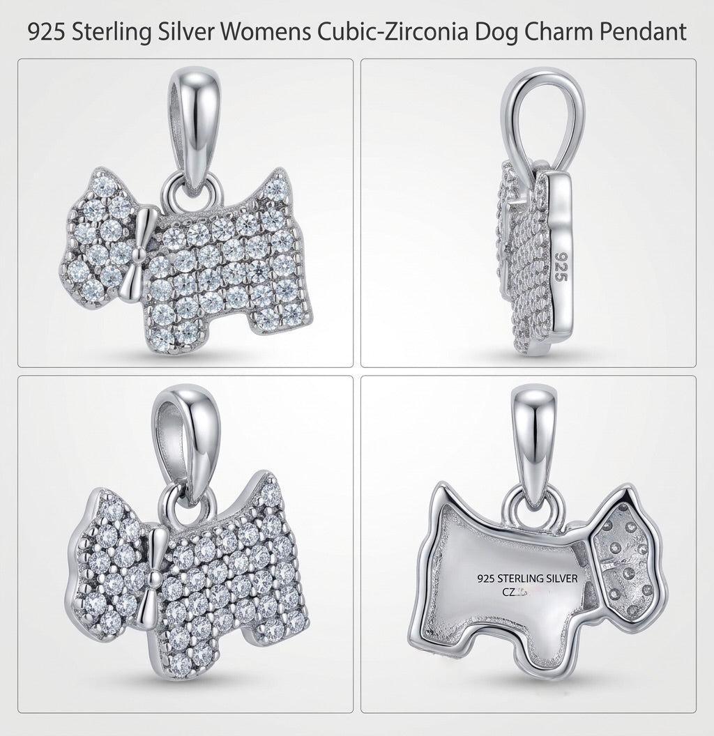 925 sterling silver dog charm for women with sparkling cubic zirconia, 13.6mm height and 12.2mm width