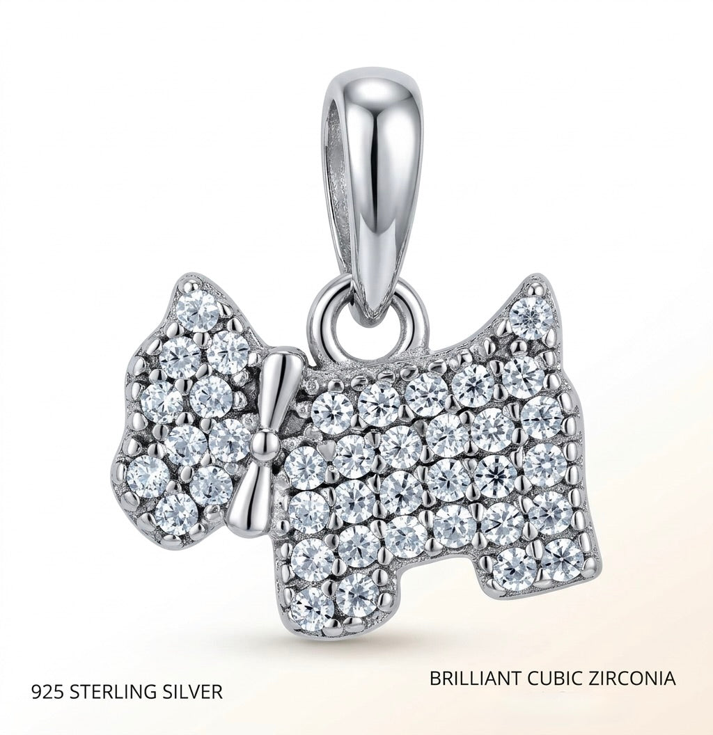 925 sterling silver dog charm for women with sparkling cubic zirconia, 13.6mm height and 12.2mm width