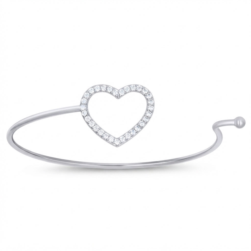 925 sterling silver CZ heart cuff bangle for women