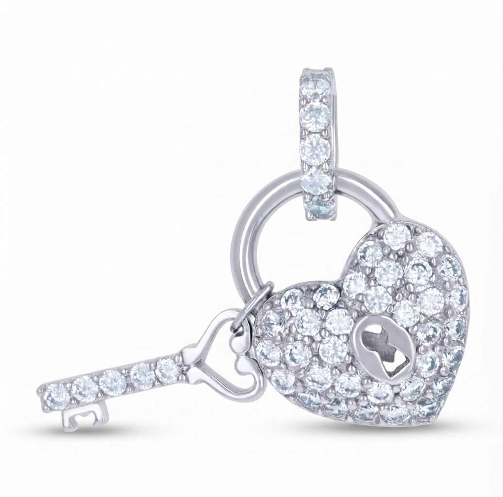 925 sterling silver CZ key and lock heart charm pendant for women
