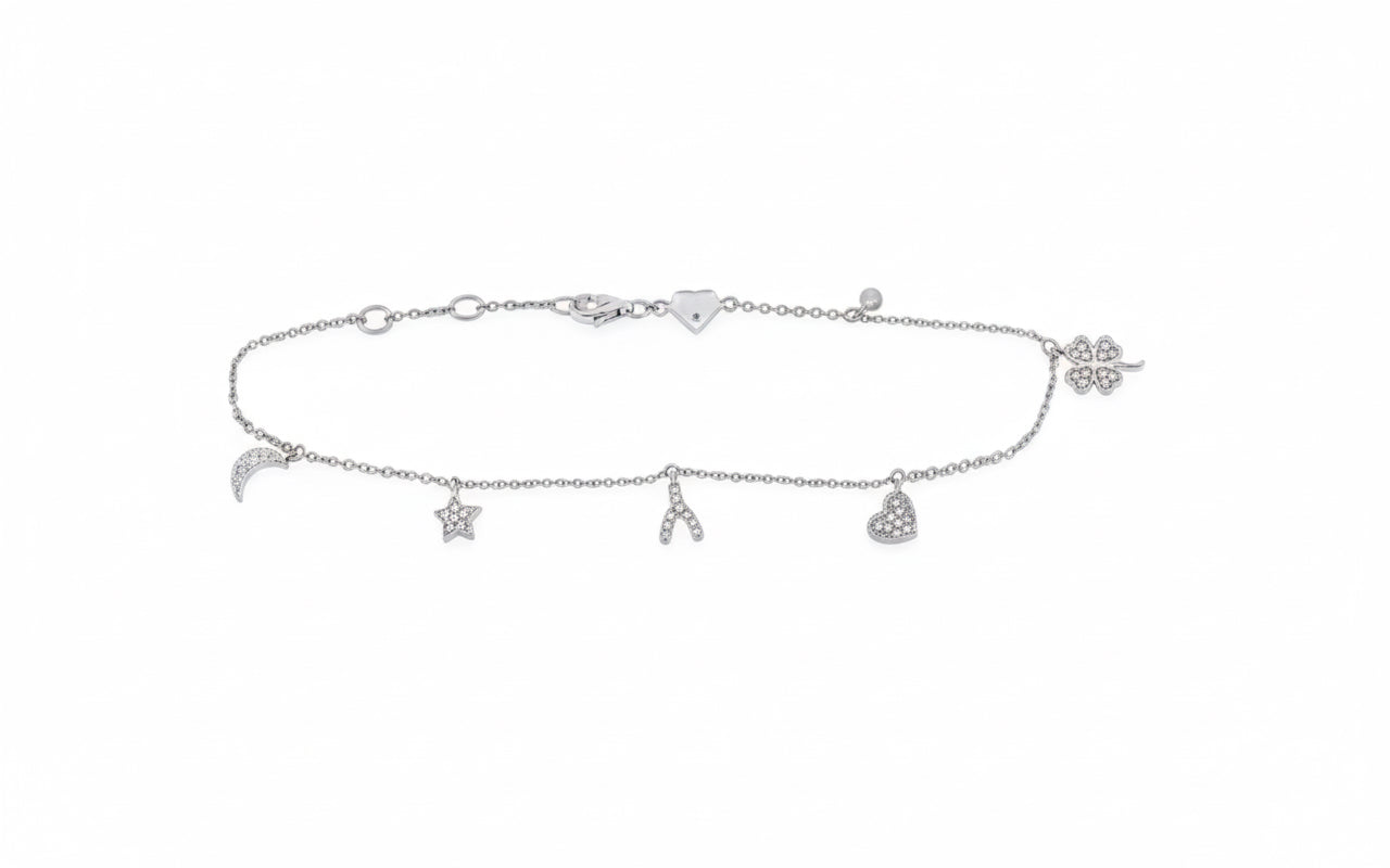 925 sterling silver diamond charm bracelet with crescent moon, horseshoe, heart, star and four leaf clover charms