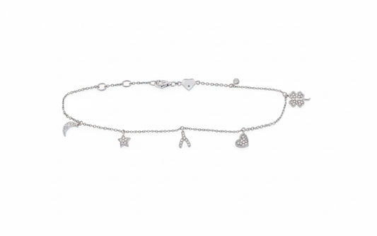 925 sterling silver diamond charm bracelet with crescent moon, horseshoe, heart, star and four leaf clover charms