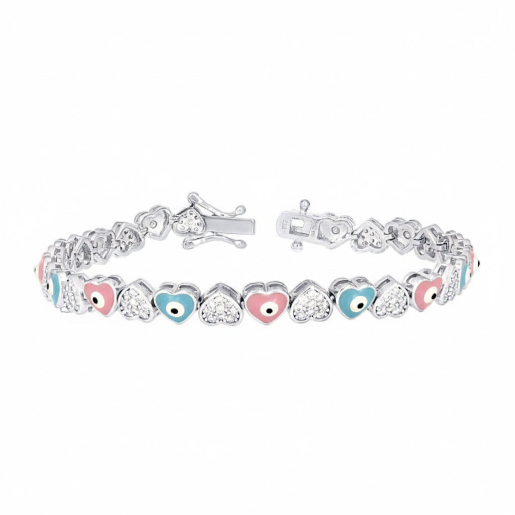 Silver bracelet with heart-shaped charms on a white background