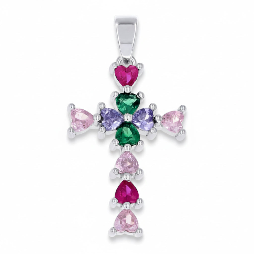 Multicolored gemstone cross pendant on a white background