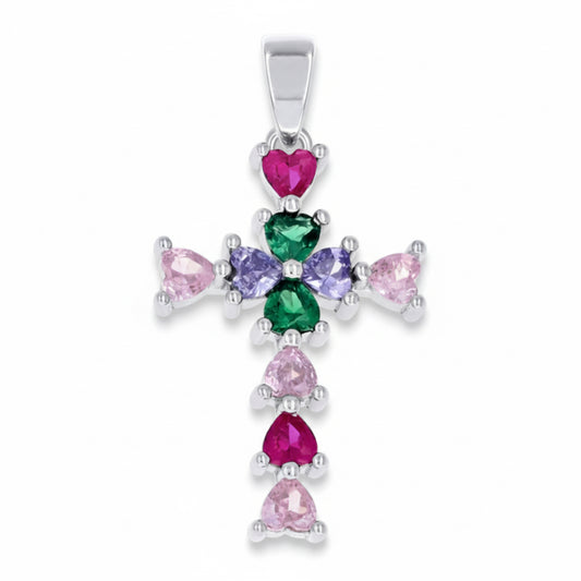 Multicolored gemstone cross pendant on a white background