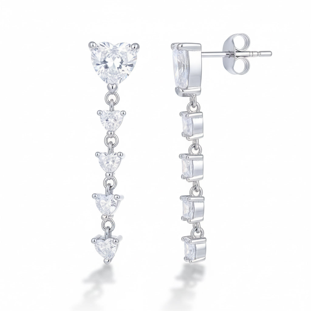 925 sterling silver dangling heart earrings with cubic zirconia stones