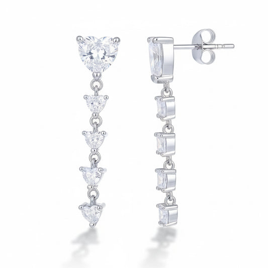 925 sterling silver dangling heart earrings with cubic zirconia stones