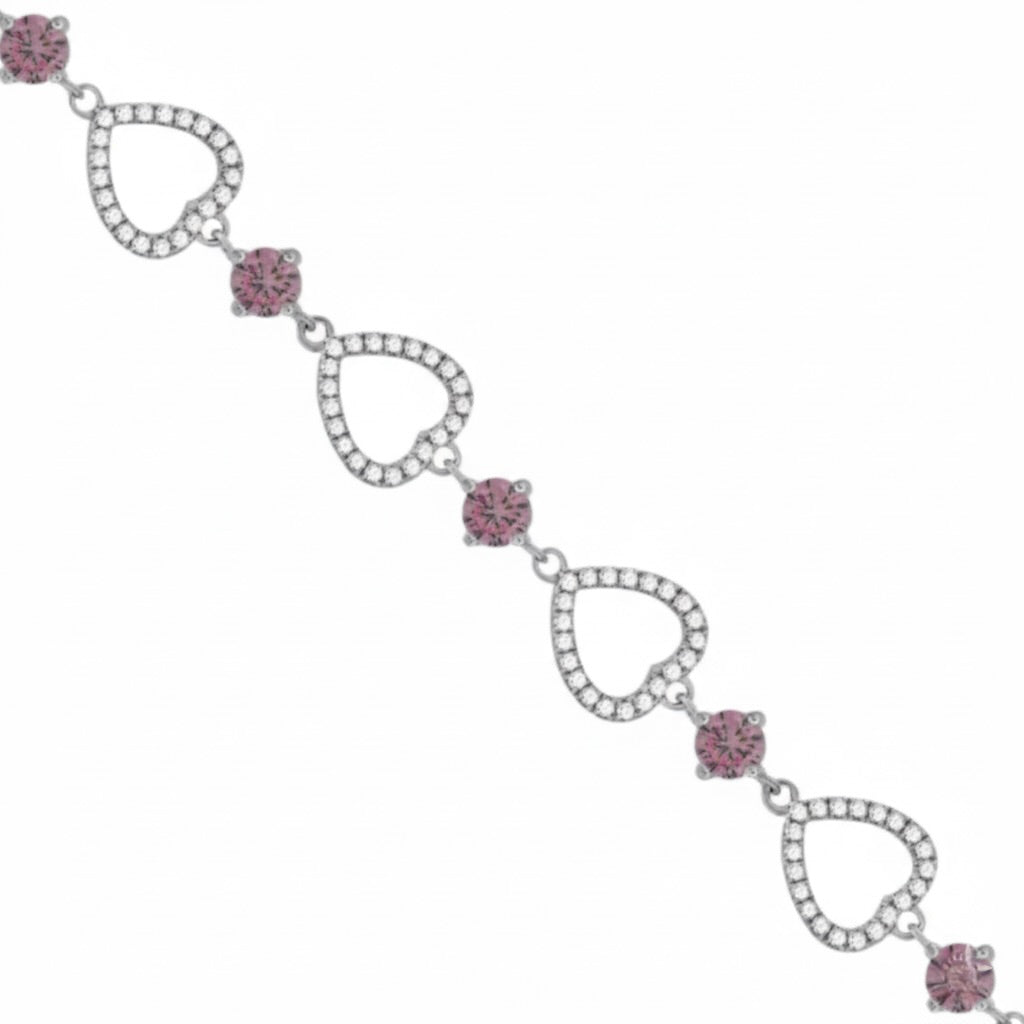925 Sterling Silver Heart-Link Bracelet with Pink Round CZ Stones for Women