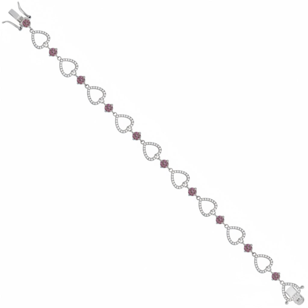 Silver bracelet with heart-shaped links and red gemstones on a white background
