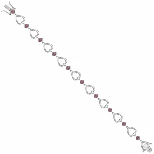 Silver bracelet with heart-shaped links and red gemstones on a white background
