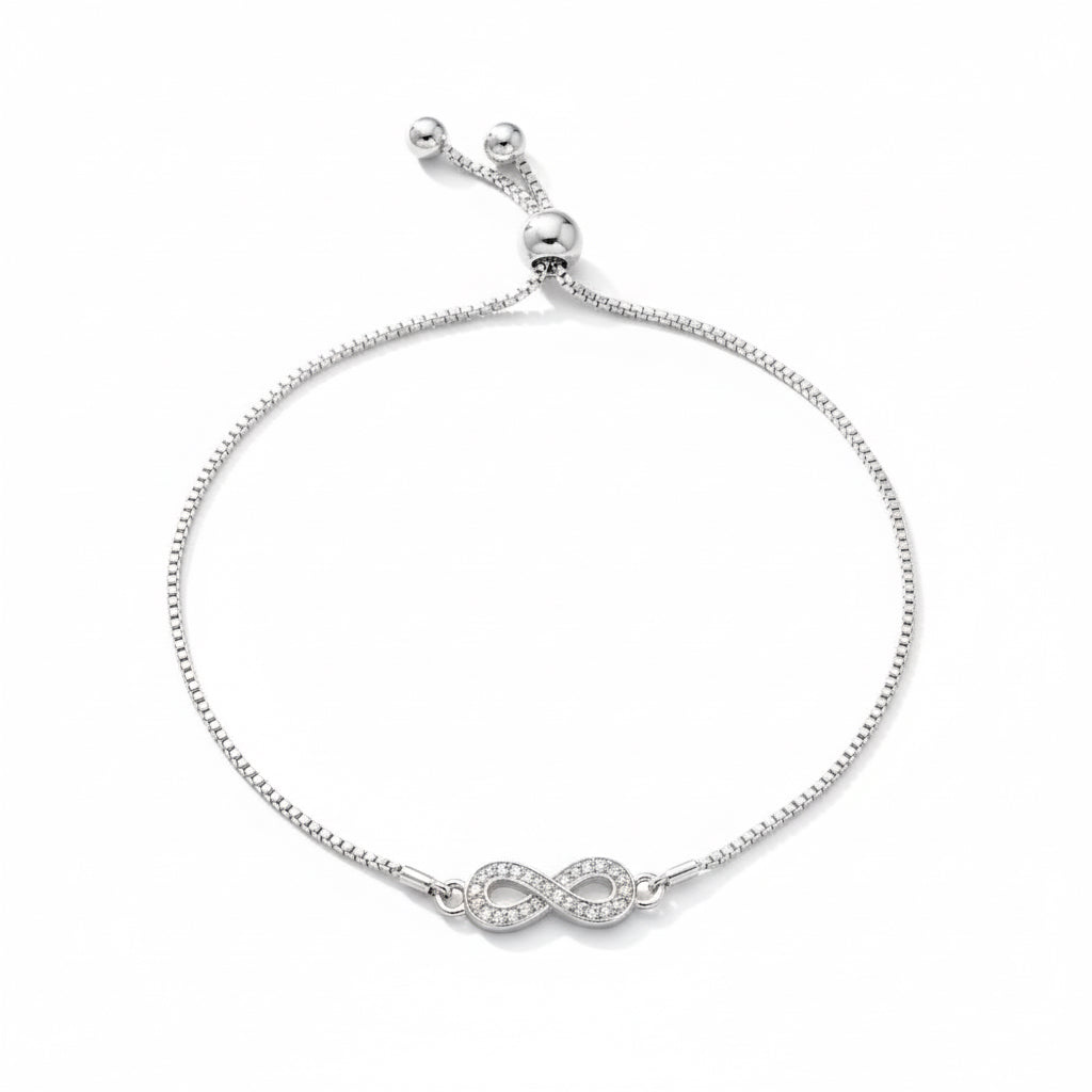 Silver bracelet with an infinity symbol on a white background