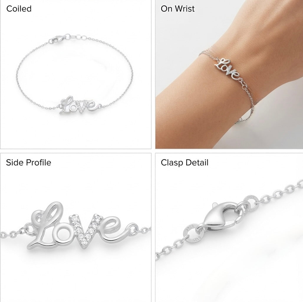 Four-panel product collage showing a silver bracelet with a script 'Love' design. Top-left panel shows the bracelet coiled on a white background.