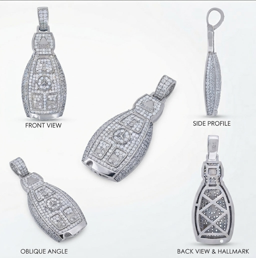 925 sterling silver men's key pendant with cubic zirconia accents and Mercedes-inspired design