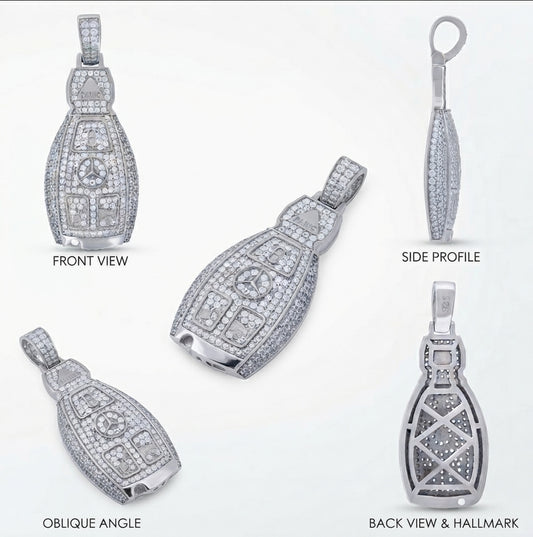 925 sterling silver men's key pendant with cubic zirconia accents and Mercedes-inspired design