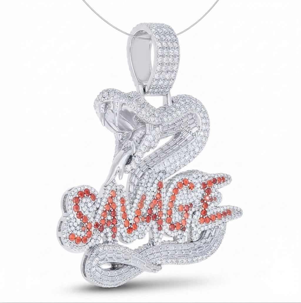925 sterling silver men's snake pendant with round and baguette moissanite and red CZ side view