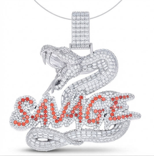 925 sterling silver men's snake pendant with round and baguette moissanite and red CZ