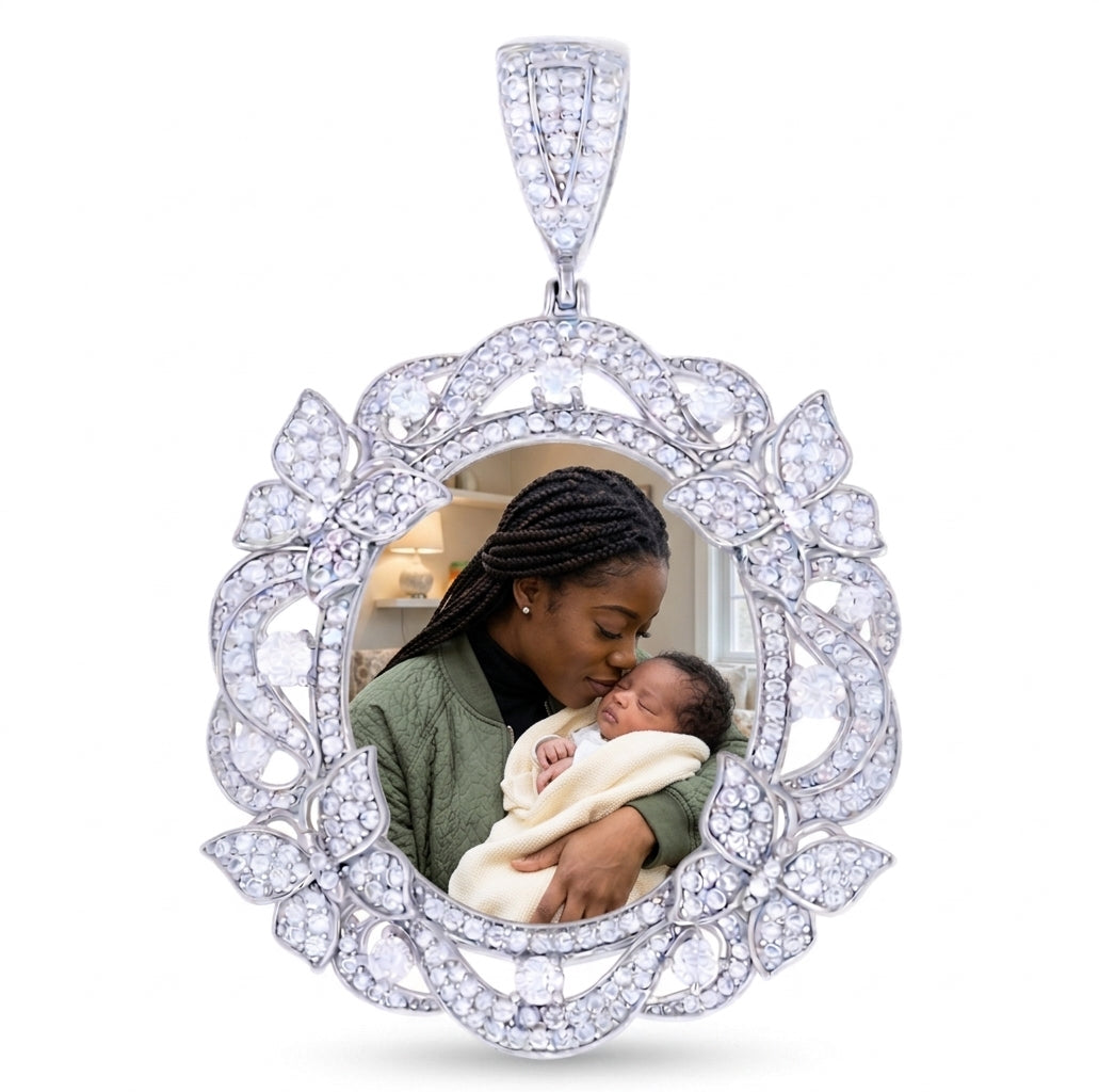 Women's 925 sterling silver oval photo frame pendant with sparkling moissanite butterfly border with picture inside