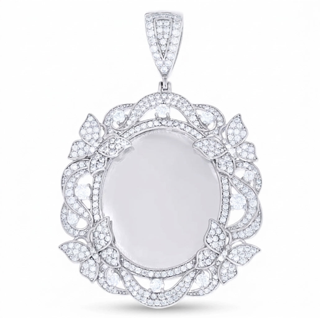 Women's 925 sterling silver oval photo frame pendant with sparkling moissanite butterfly border