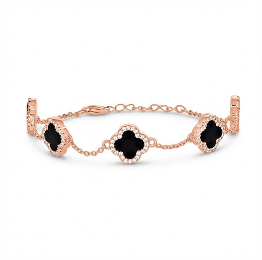 Rose-tone sterling silver black clover bracelet with cubic zirconia
