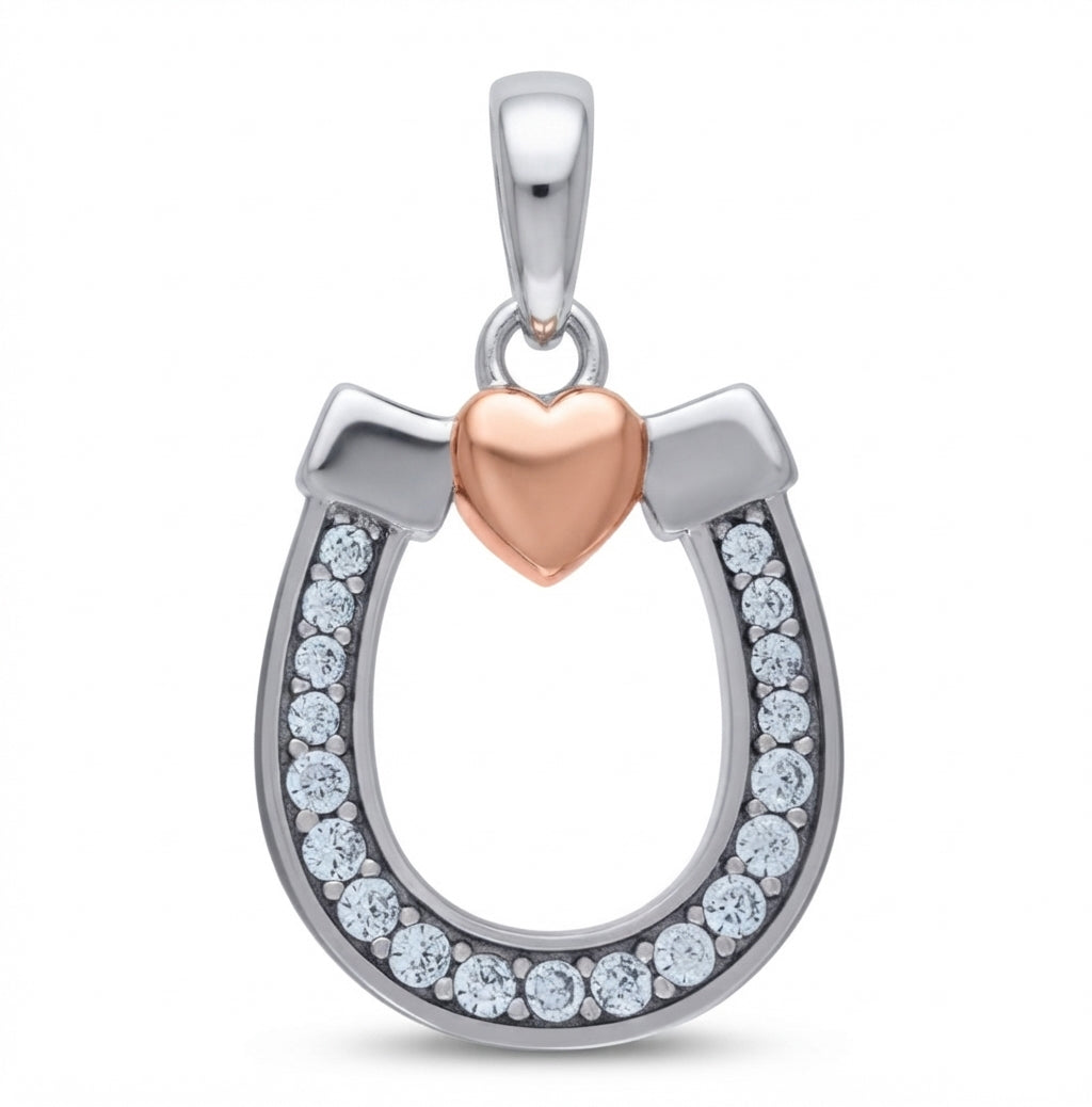 925 sterling silver rose tone CZ horseshoe good luck pendant