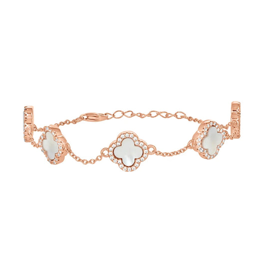 925 sterling silver rose-tone white clover bracelet with CZ