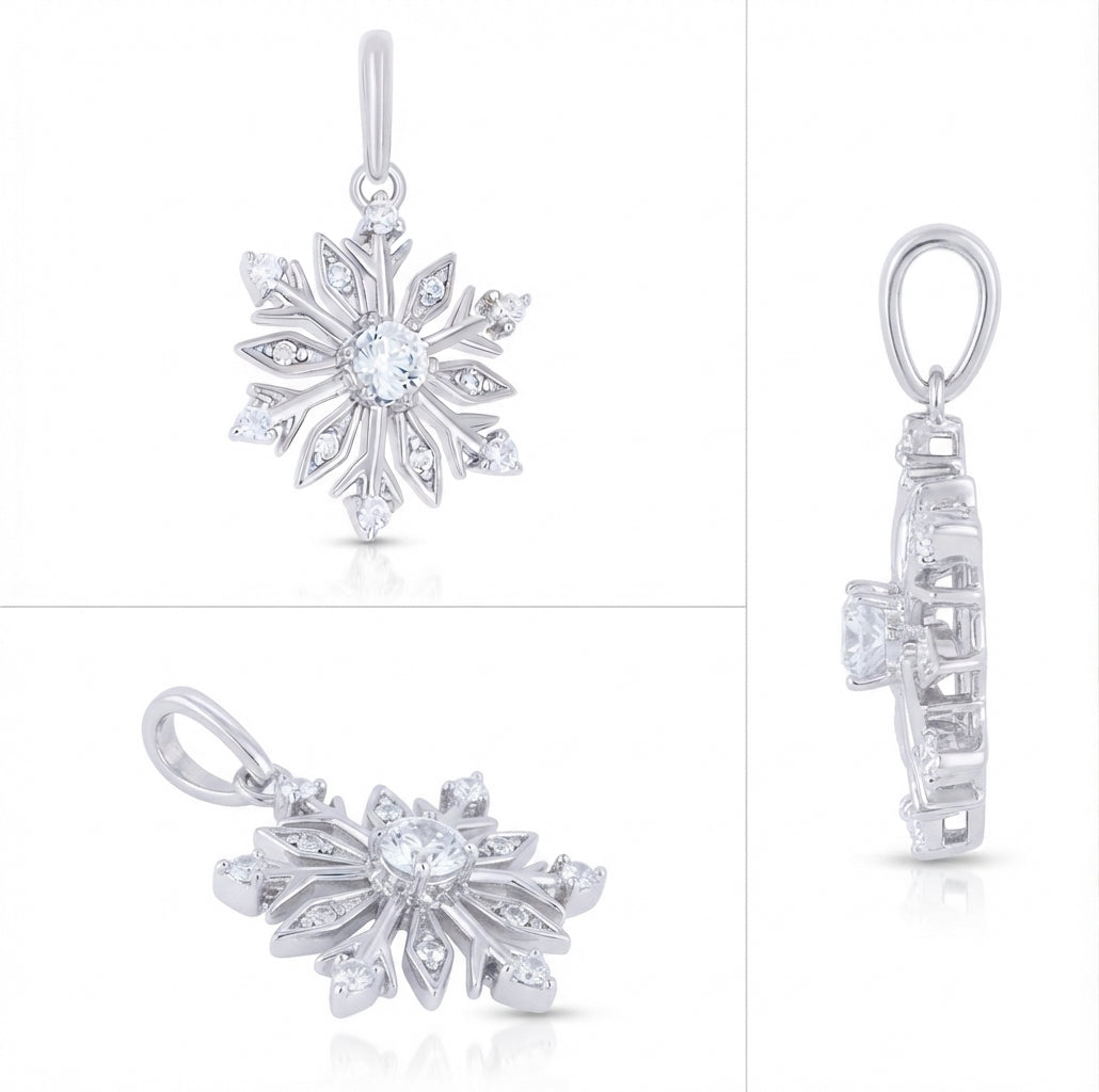 Silver snowflake pendant charm with clear gemstones, shown from multiple angles on a white background.