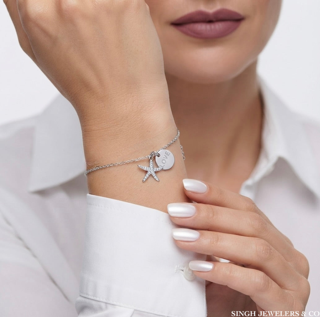 Womens sterling silver starfish love bracelet