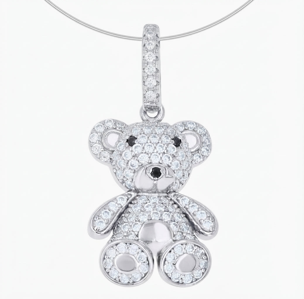 925 sterling silver teddy bear pendant with white and black moissanite