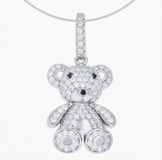 925 sterling silver teddy bear pendant with white and black moissanite