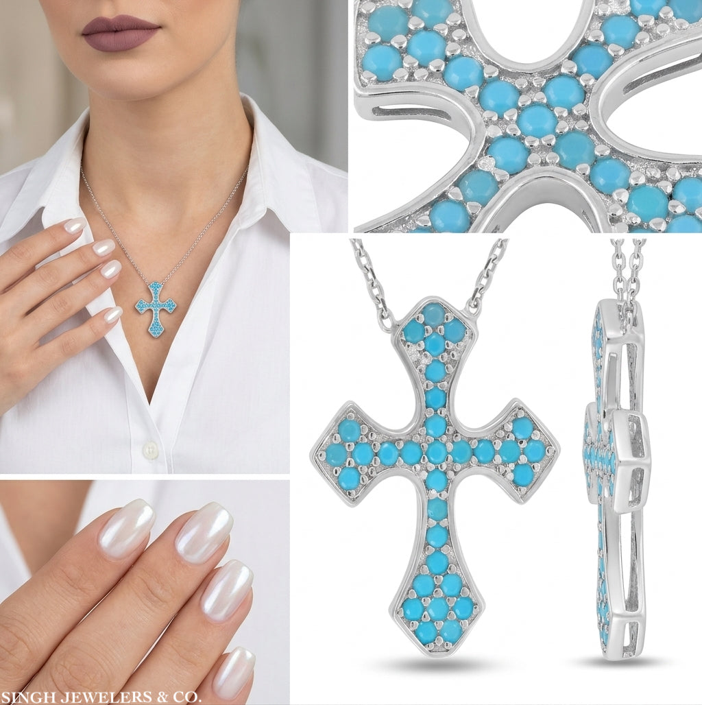 925 sterling silver turquoise cubic zirconia cross necklace for women different angles