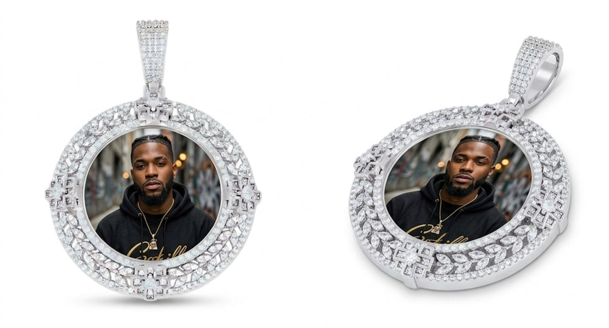 925 sterling silver unisex picture frame pendant with cubic zirconia accents different angles