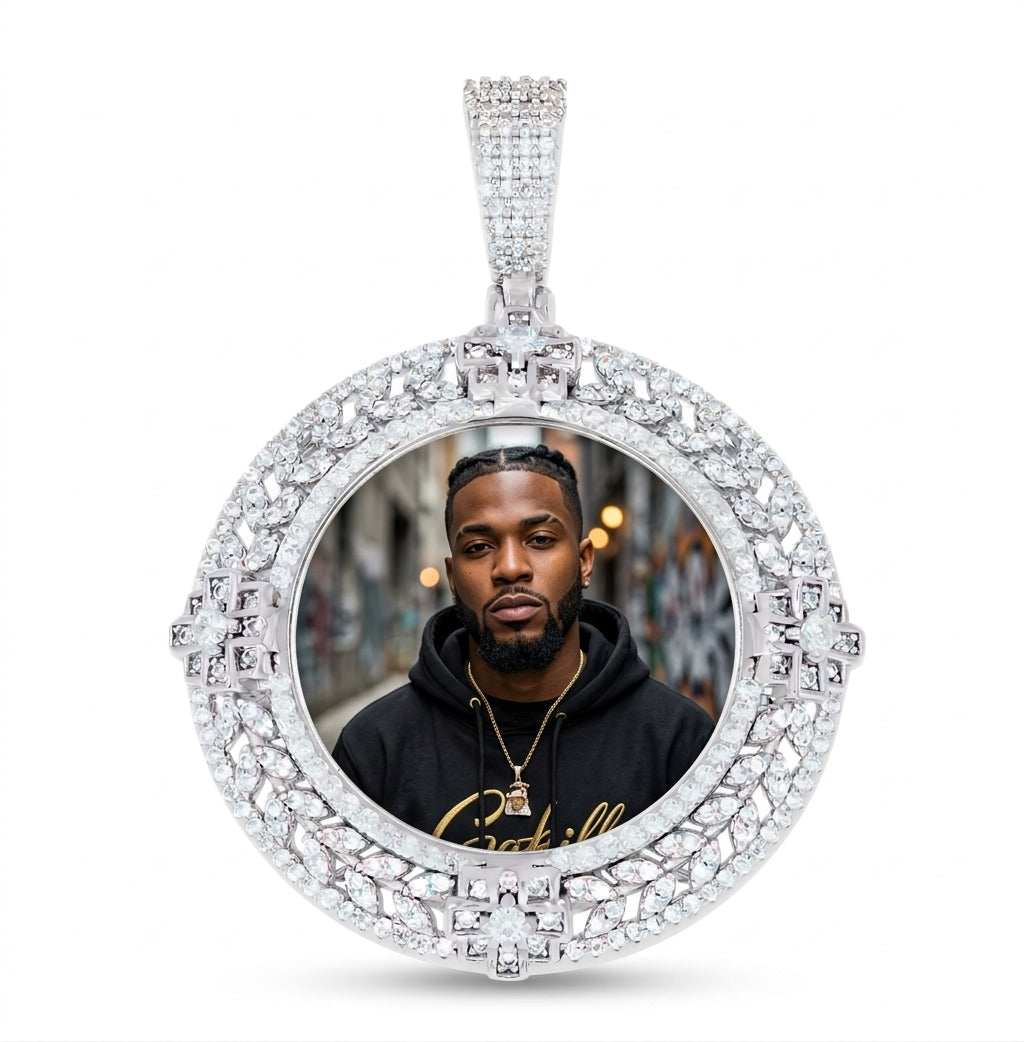 925 sterling silver unisex picture frame pendant with cubic zirconia accents with a guy picture