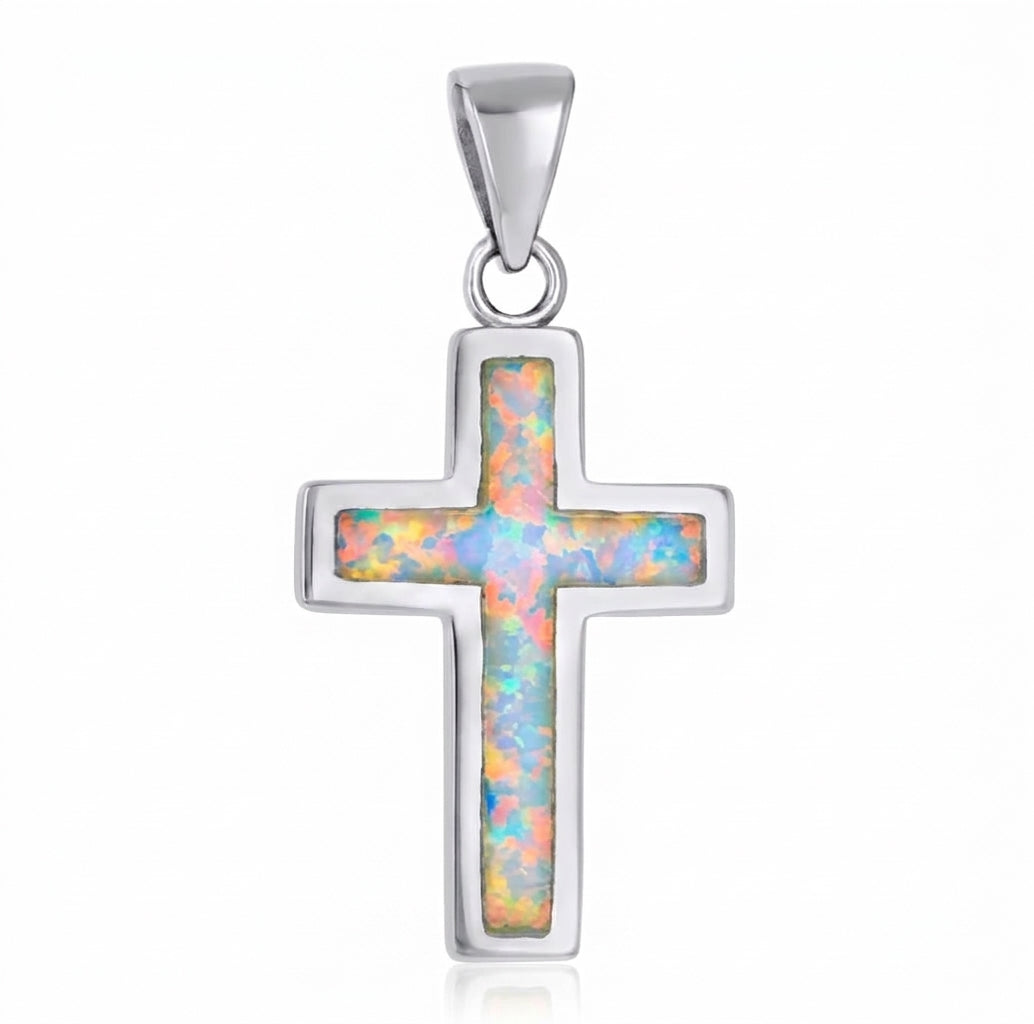 925 sterling silver white opal religious cross pendant for women, 28.8 mm high and 14.1 mm wide