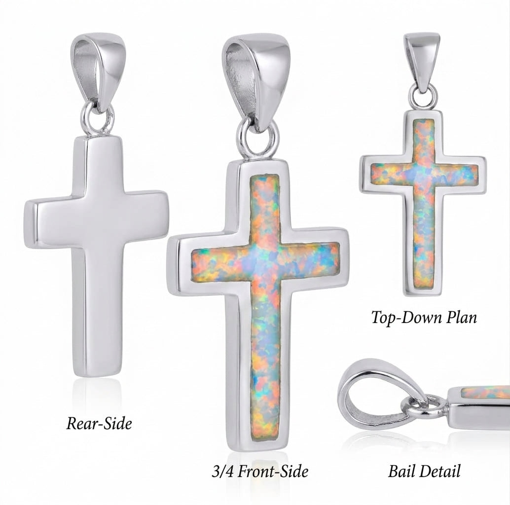925 sterling silver white opal religious cross pendant for women, 28.8 mm high and 14.1 mm wide various views