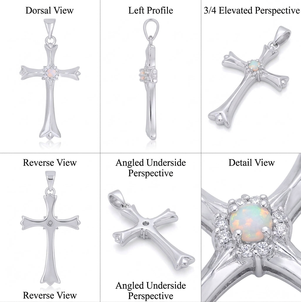 925 sterling silver cross pendant with white opal and cubic zirconia for women different angles