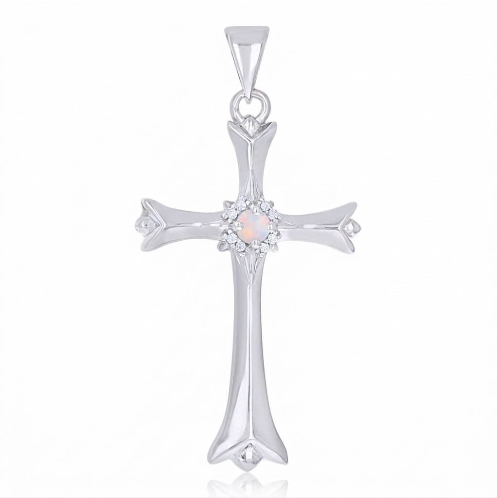 925 sterling silver cross pendant with white opal and cubic zirconia for women front view
