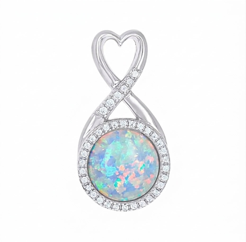 925 sterling silver white opal heart pendant with cubic zirconia accents, 24 mm high and 12.5 mm wide