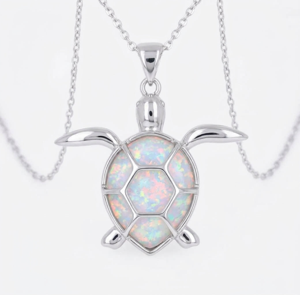 White opal turtle pendant in sterling silver close-up