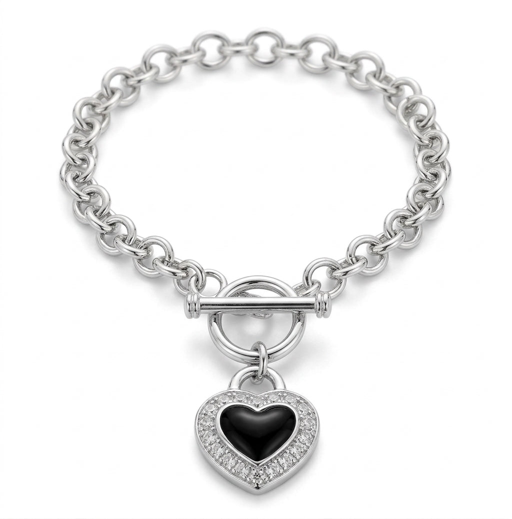 925 sterling silver women's black CZ heart charm bracelet