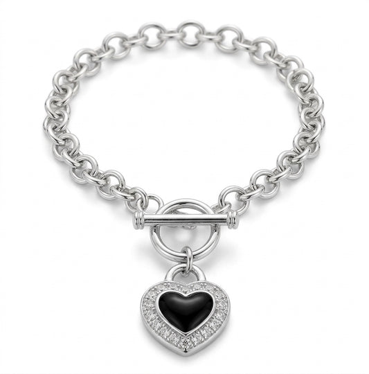 925 sterling silver women's black CZ heart charm bracelet