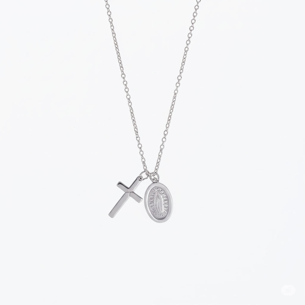 925 sterling silver women’s cross & Guadalupe necklace on a rolo link chain