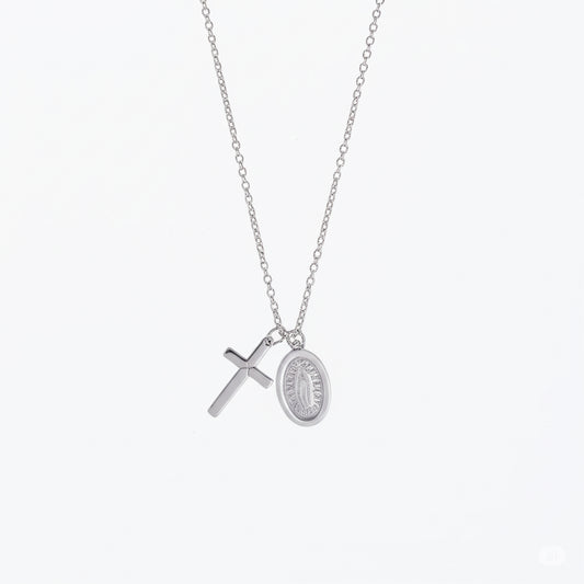 925 sterling silver women’s cross & Guadalupe necklace on a rolo link chain
