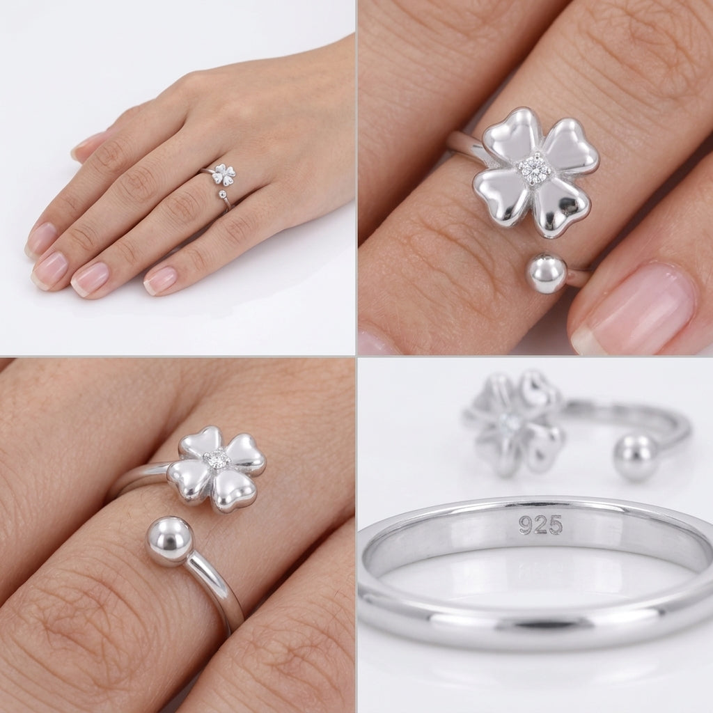 925 sterling silver women's clover ring featuring sparkling cubic zirconia stones different angles