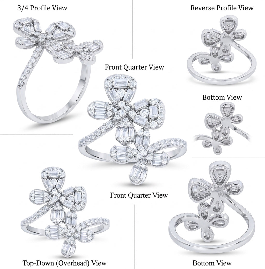 Women's 925 sterling silver flower ring with baguette and round cubic zirconia stones different angles