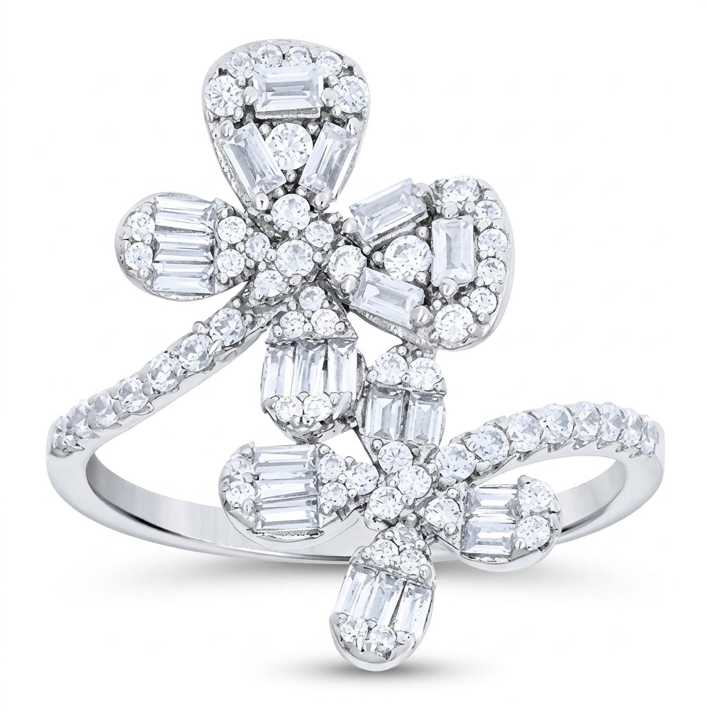 Women's 925 sterling silver flower ring with baguette and round cubic zirconia stones