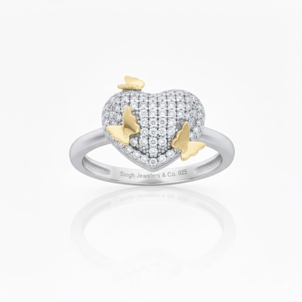 925 sterling silver yellow-tone cubic zirconia butterfly heart ring for women