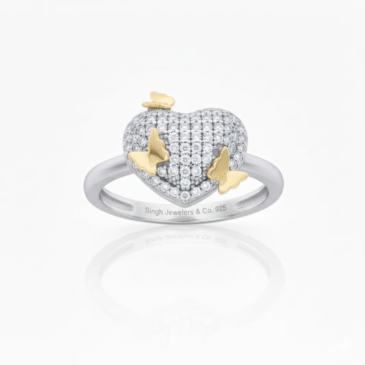 925 sterling silver yellow-tone cubic zirconia butterfly heart ring for women